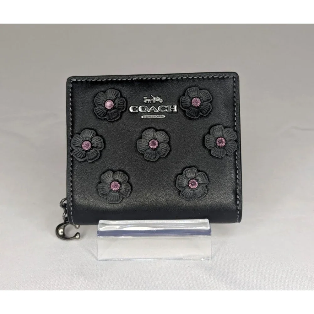 Coach Snap Wallet with Floral Applique - Black, Pink Rivets, Gunmetal, NWT